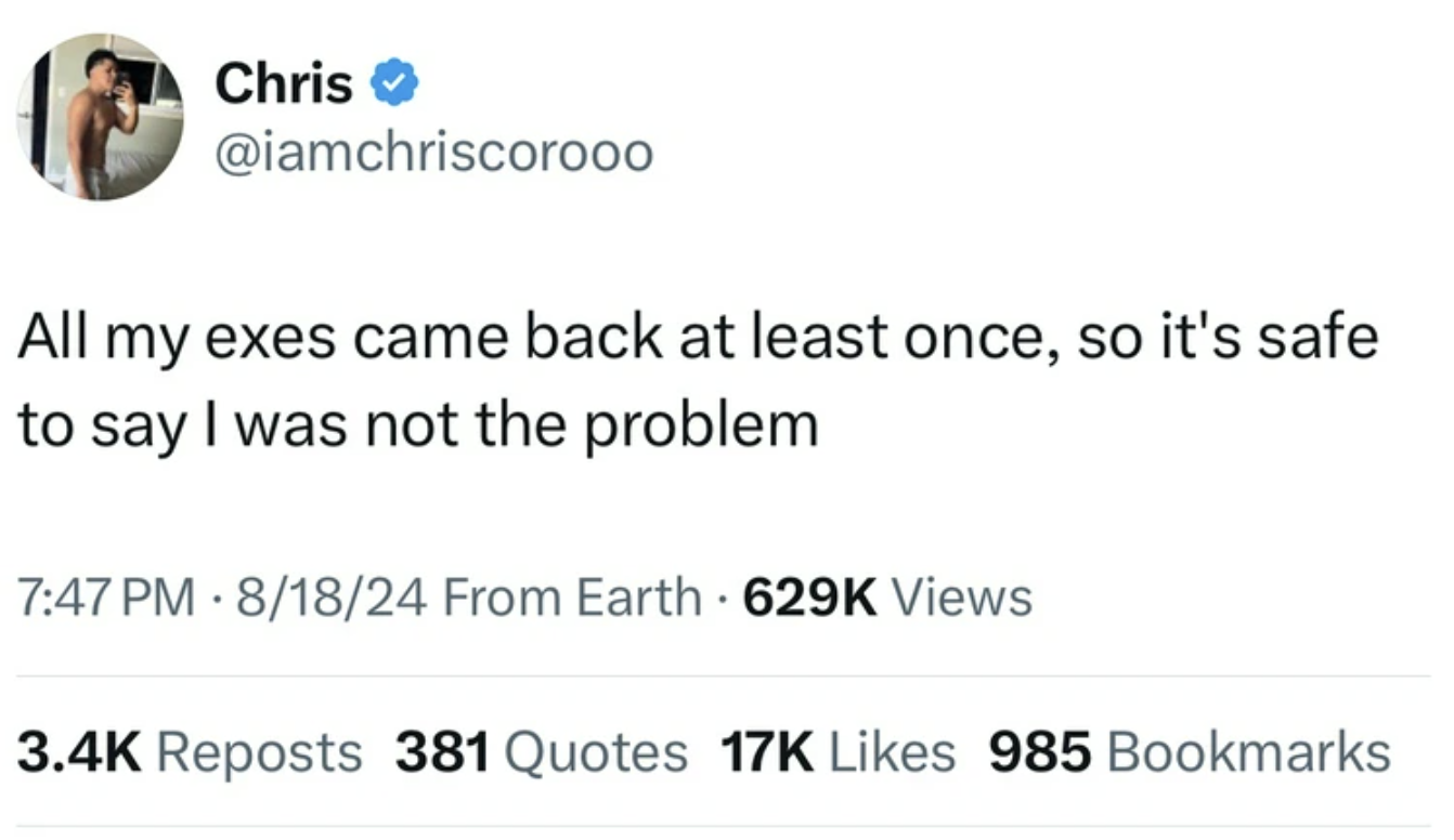 screenshot - Chris All my exes came back at least once, so it's safe to say I was not the problem 81824 From Earth Views Reposts 381 Quotes 17K 985 Bookmarks